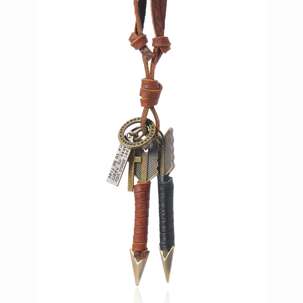 FBA Handmade Leather Double Arrow Pendant Necklace | Boho Artisan Jewelry