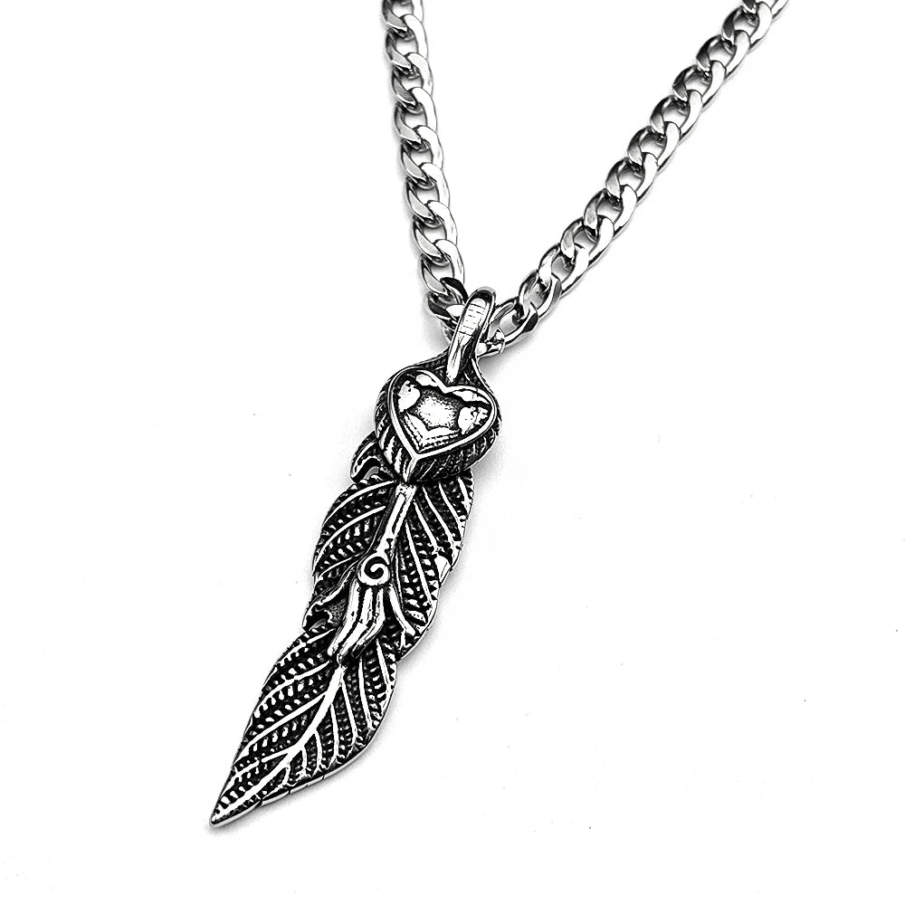 FBA Indian Feather Heart Stainless Steel Necklace | Punk Pendant Jewelry