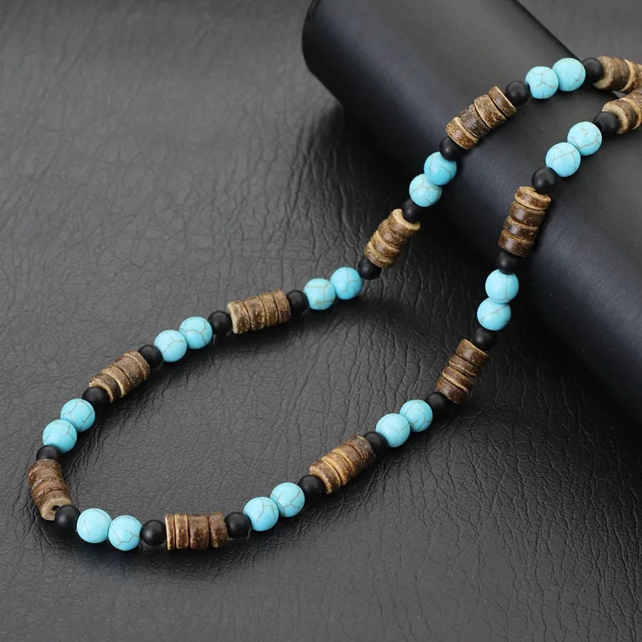FBA Coconut Shell Lava Beaded Necklace for Men | Boho Wood Jewelry