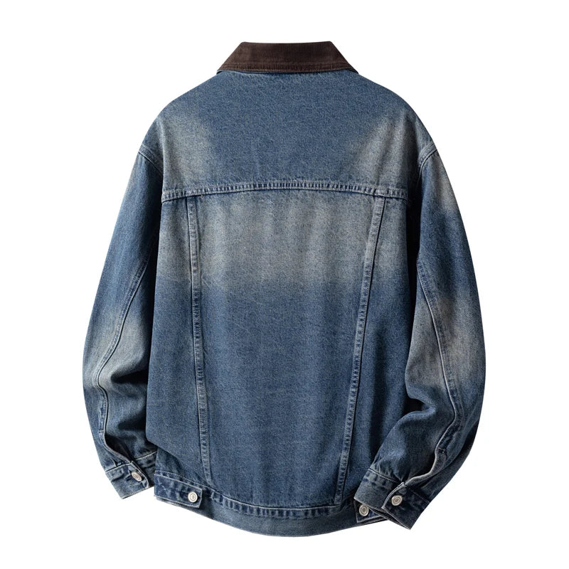 Men's American Retro Loose Lapel Denim Jacket – Workwear Motorcycle Coat | Retro Blue & Sky Blue | M–XXXL | FBA Vibes