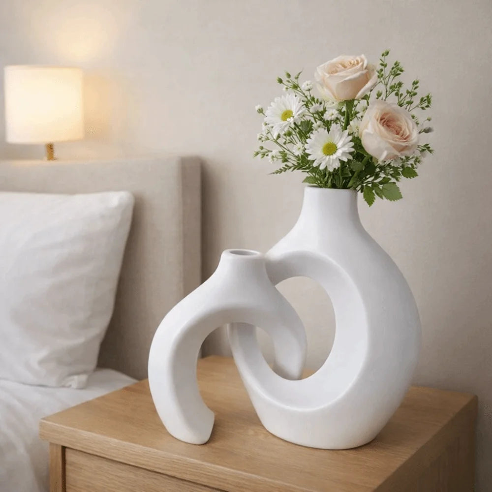 Minimalist Imitation Ceramic Vase Set | Nordic Hollow Plastic Vases for Living Room, Bedroom & Shelf Decor (2 Pieces)