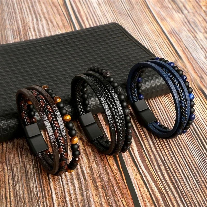 FBA Men's Tiger Eye Beaded Leather Bracelet | Multilayer Jewelry Gift