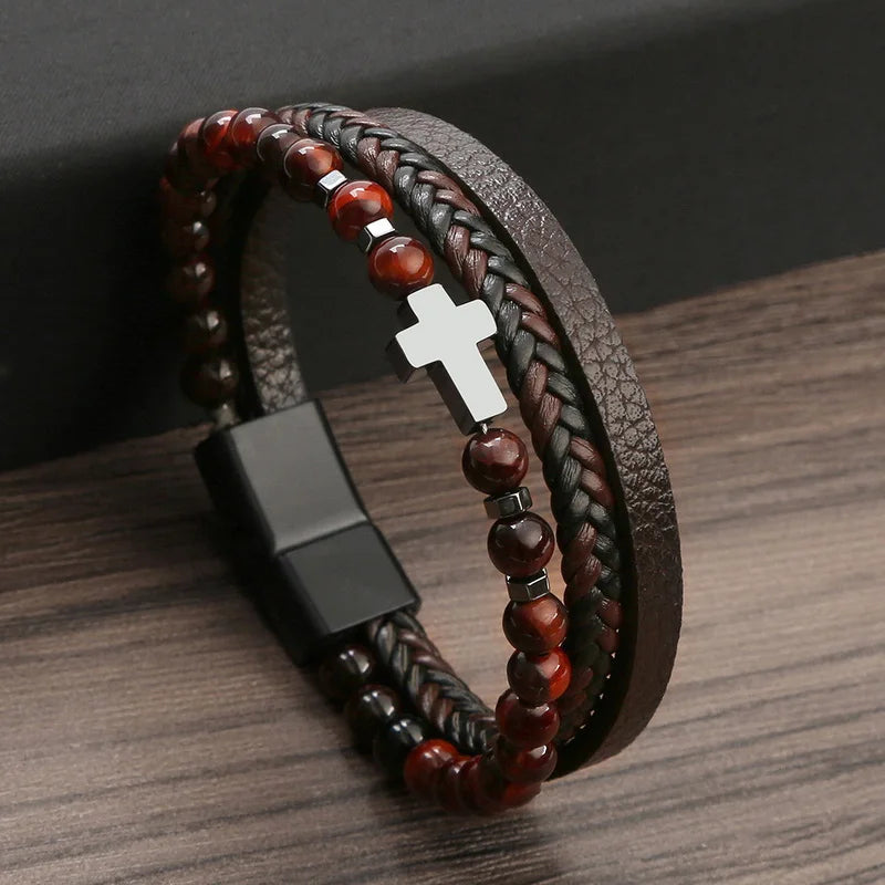 FBA Prayer Rosary Cross Natural Stone Leather Bracelet | Yoga Meditation Jewelry
