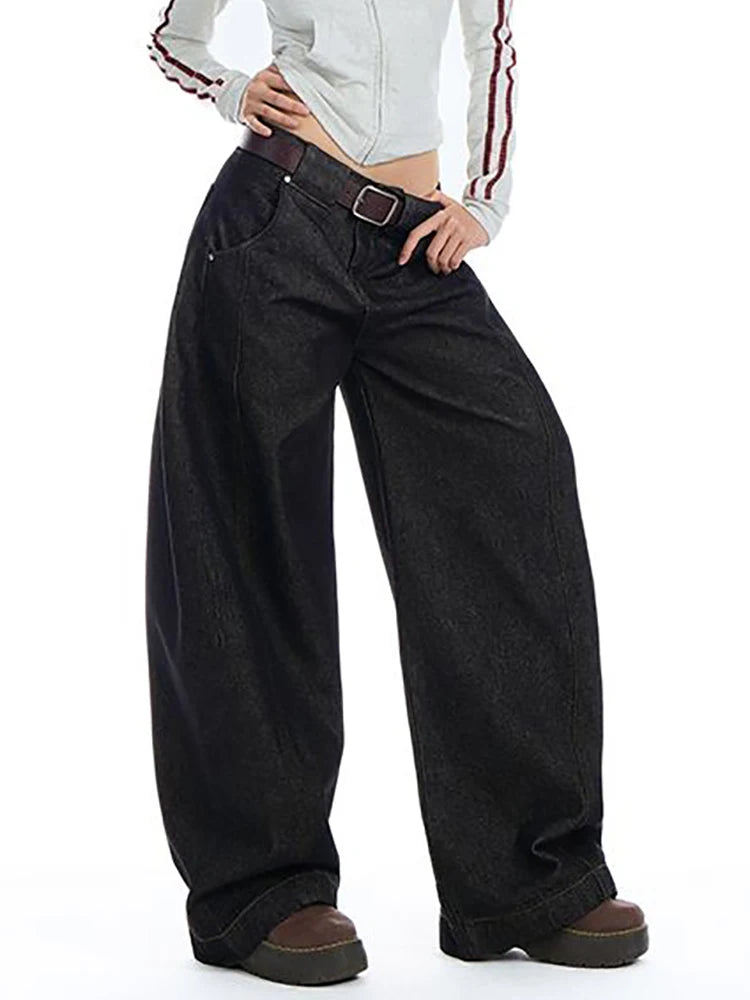 Women's American Retro High Waist Wide-Leg Floor Length Jeans – Harajuku Baggy Denim Trousers | Black | XS–XL | FBA Vibes
