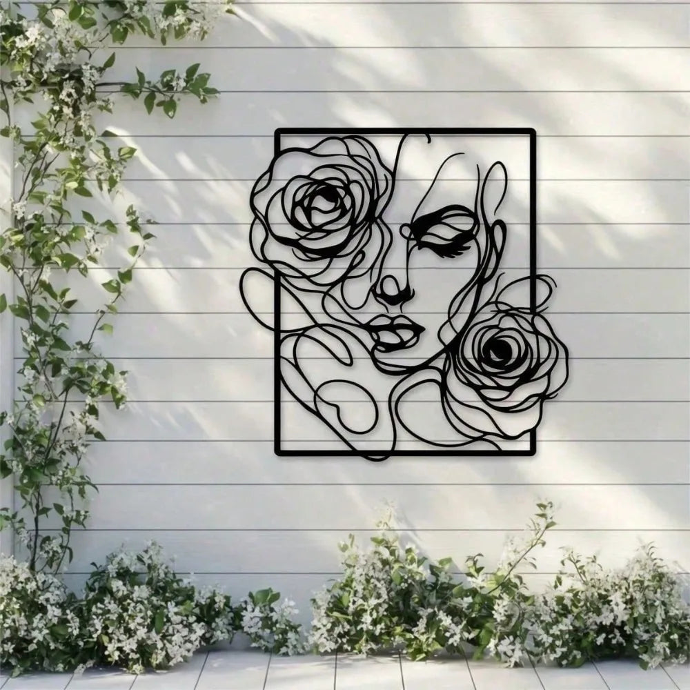 Black Metal Wall Art | Elegant Woman & Rose Silhouette Waterproof Wall Decor