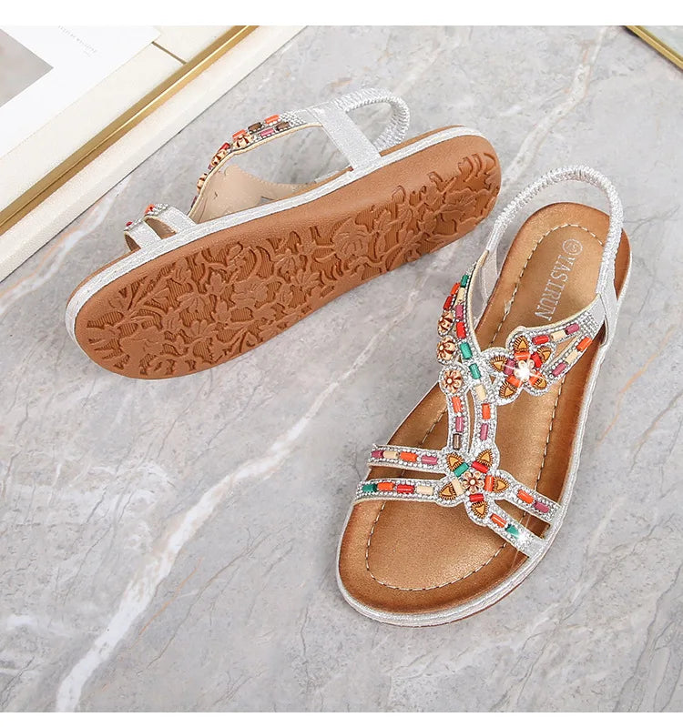 FBA Women's Rhinestone Bohemian Hollow Flat Sandals | Summer Casual Shoes