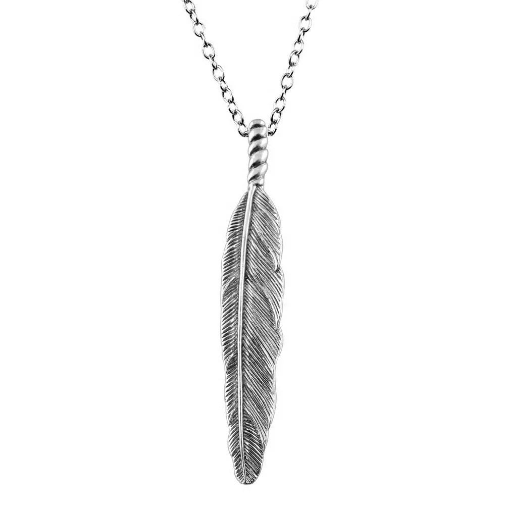 FBA Antique Silver Big Feather Pendant Necklace | Long Chain Jewelry