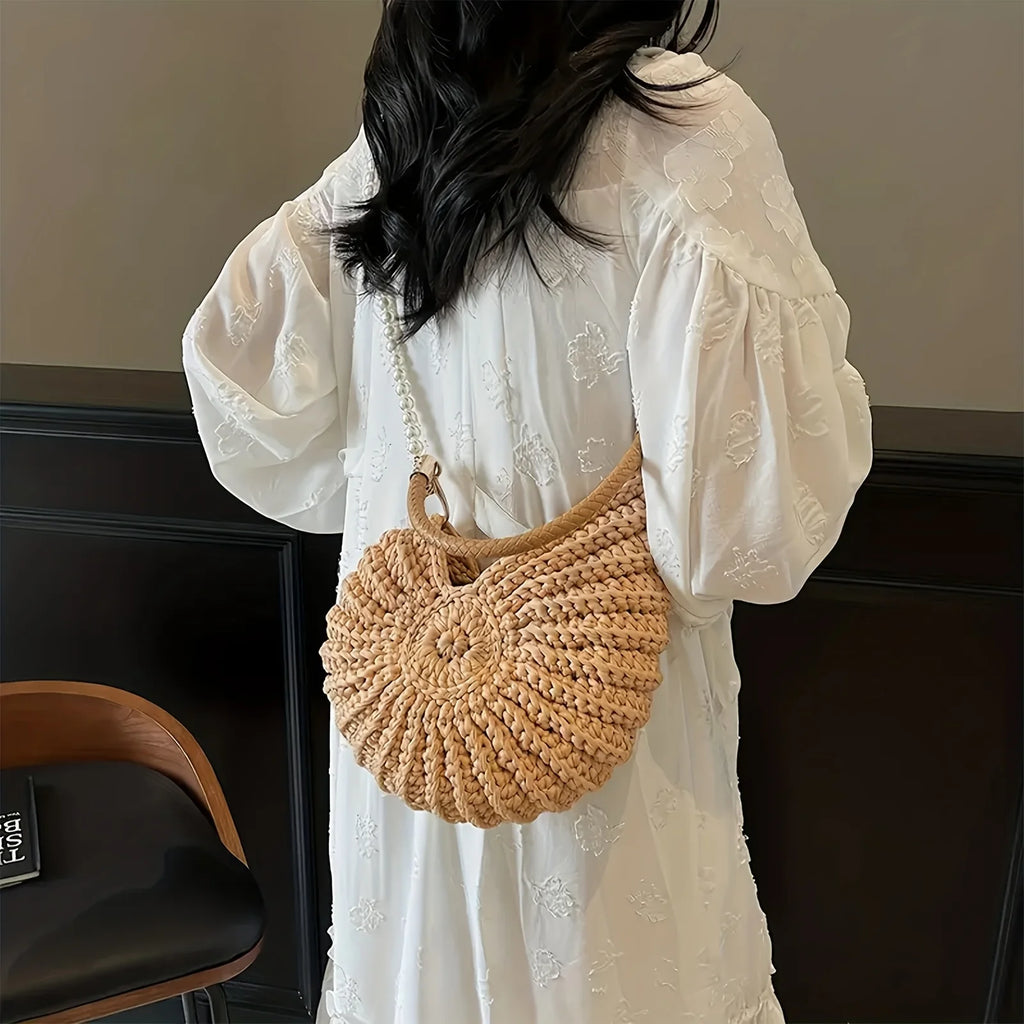 Hand Woven Shell Tote Bag with Chain Shoulder Strap – Large Capacity Bohemian Beach Bag