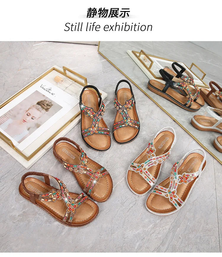 FBA Women's Rhinestone Bohemian Hollow Flat Sandals | Summer Casual Shoes