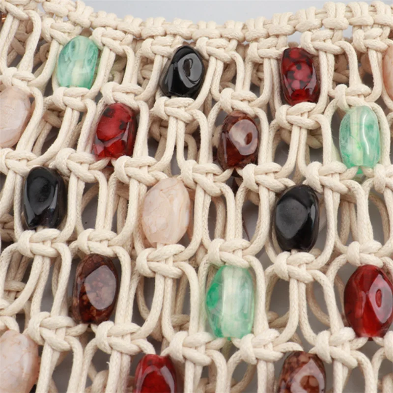 Hand-Woven Beaded Tote Bag with Wooden Handle – Boho Hollow-Out Knitted Beach Handbag