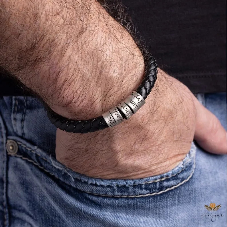 FBA Custom Name Braided Leather Bracelet for Men | Personalized Gift