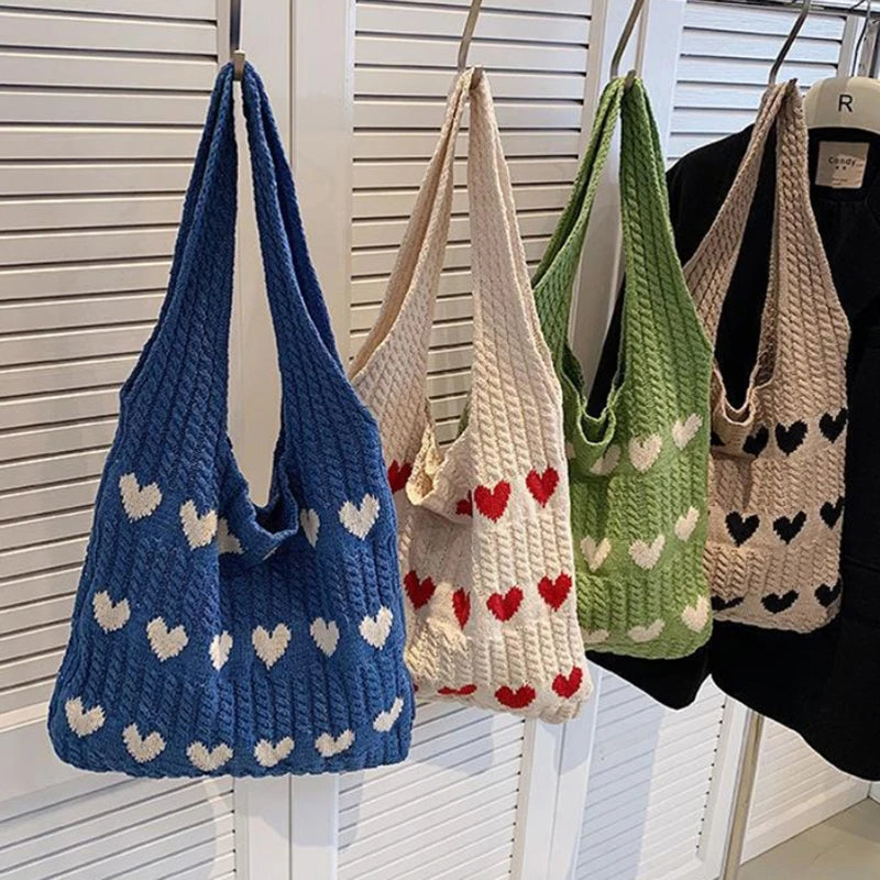 Love Heart Graphic Knitted Crochet Tote Bag – Aesthetic Woven Shoulder Bag for Women