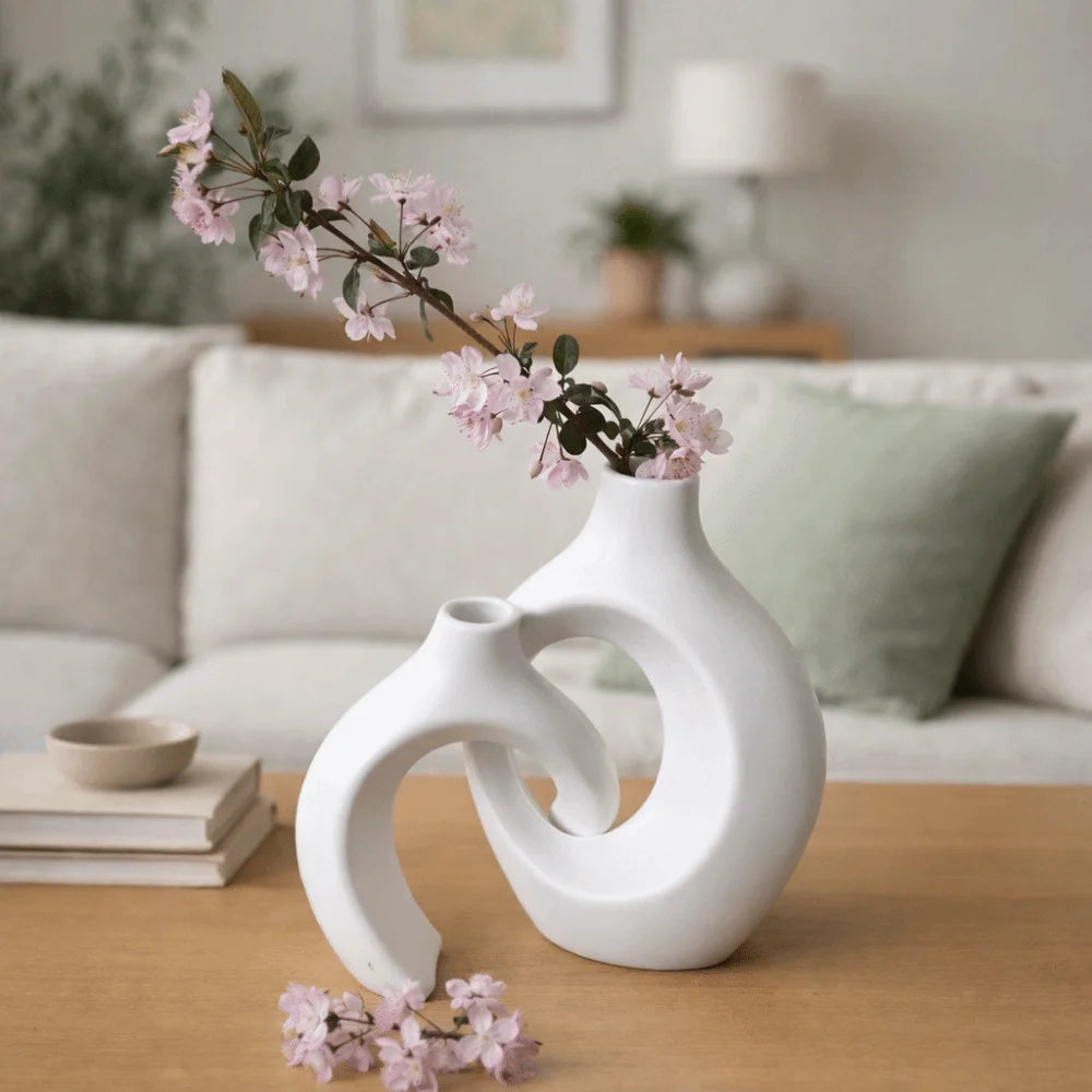 Minimalist Imitation Ceramic Vase Set | Nordic Hollow Plastic Vases for Living Room, Bedroom & Shelf Decor (2 Pieces)
