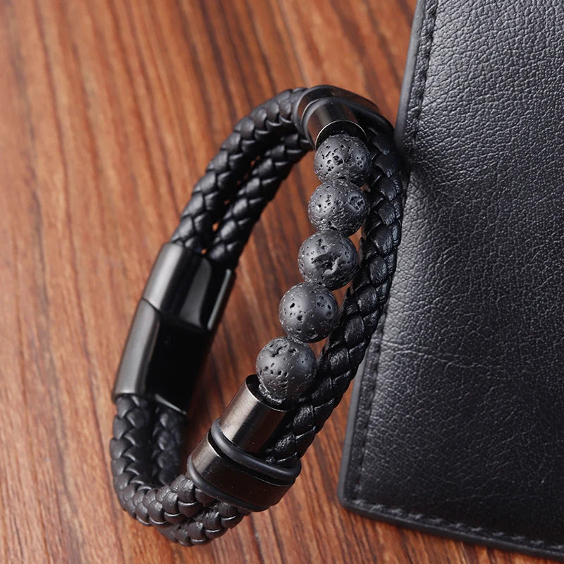 FBA Men's Beaded Leather Magnetic Clasp Bracelet | Natural Stone Jewelry