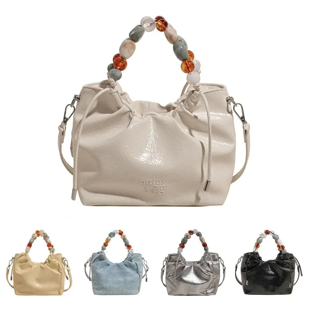 Beading Handle PU Shoulder Bag – Letter Print Korean Style Crossbody Tote