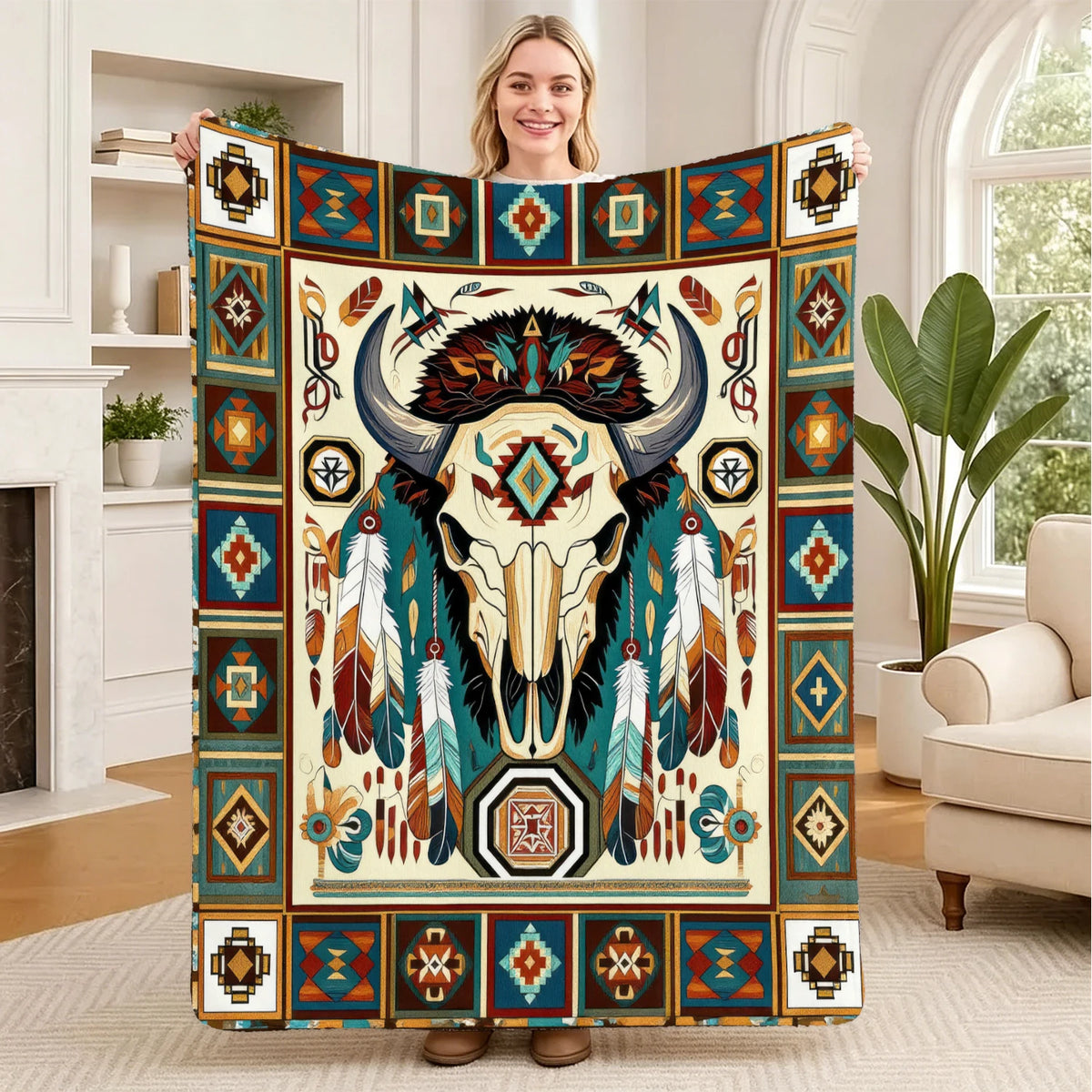 Buffalo Skull Ethnic Print Flannel Throw Blanket | FBA Vibes