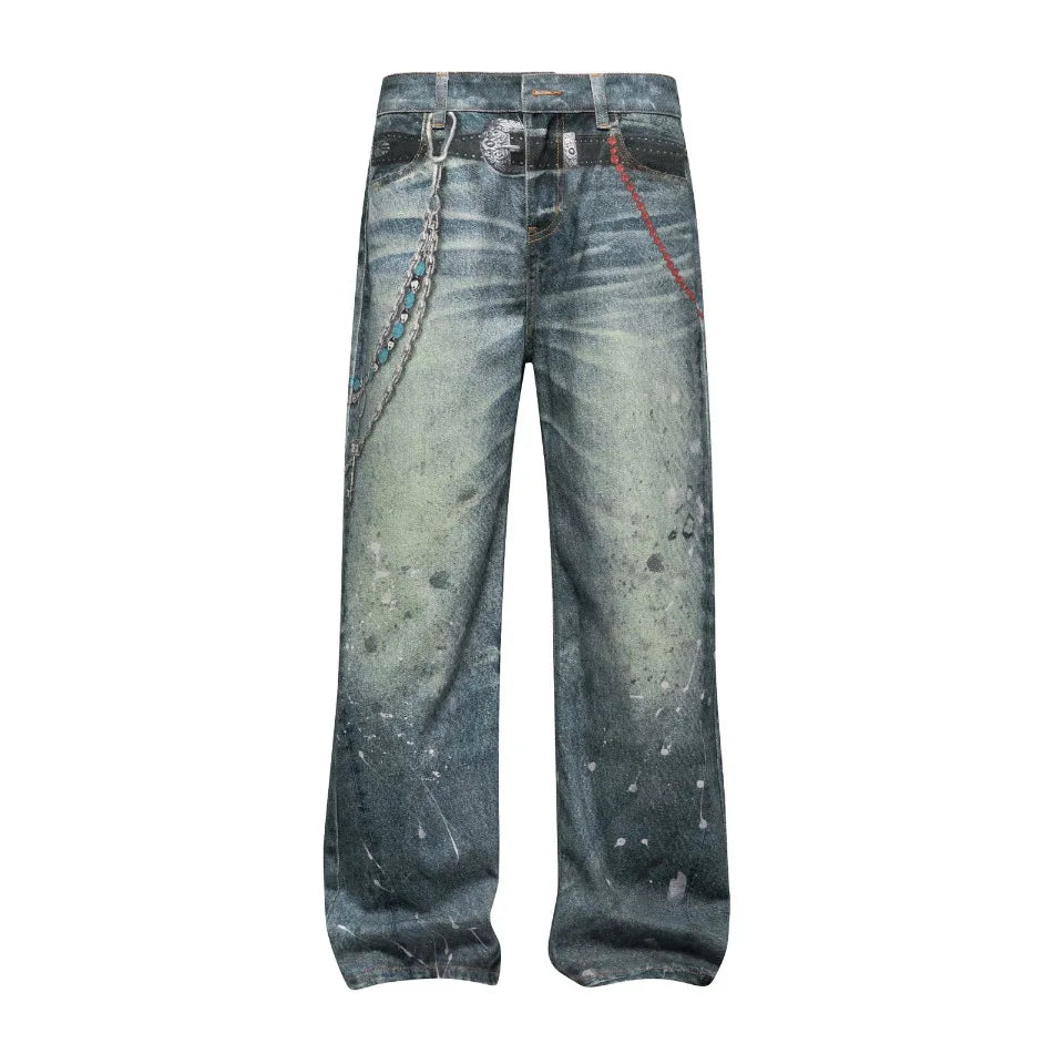 Men's American Retro Washed Distressed High Waist Straight Leg Loose Jeans – Chain Print Streetwear Denim | S–XXL | FBA Vibes