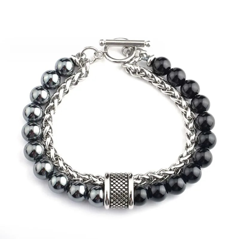 FBA Simple Black Natural Stone Beaded Chain Bracelet | Men's Travel Jewelry