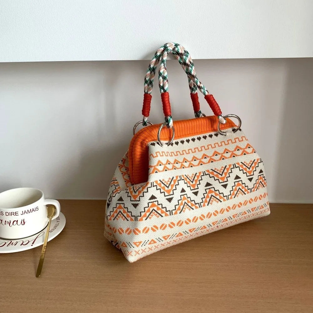 Portable Knitted Canvas Tote Bag – Reusable Large Capacity Woven Shopping Bucket Bag
