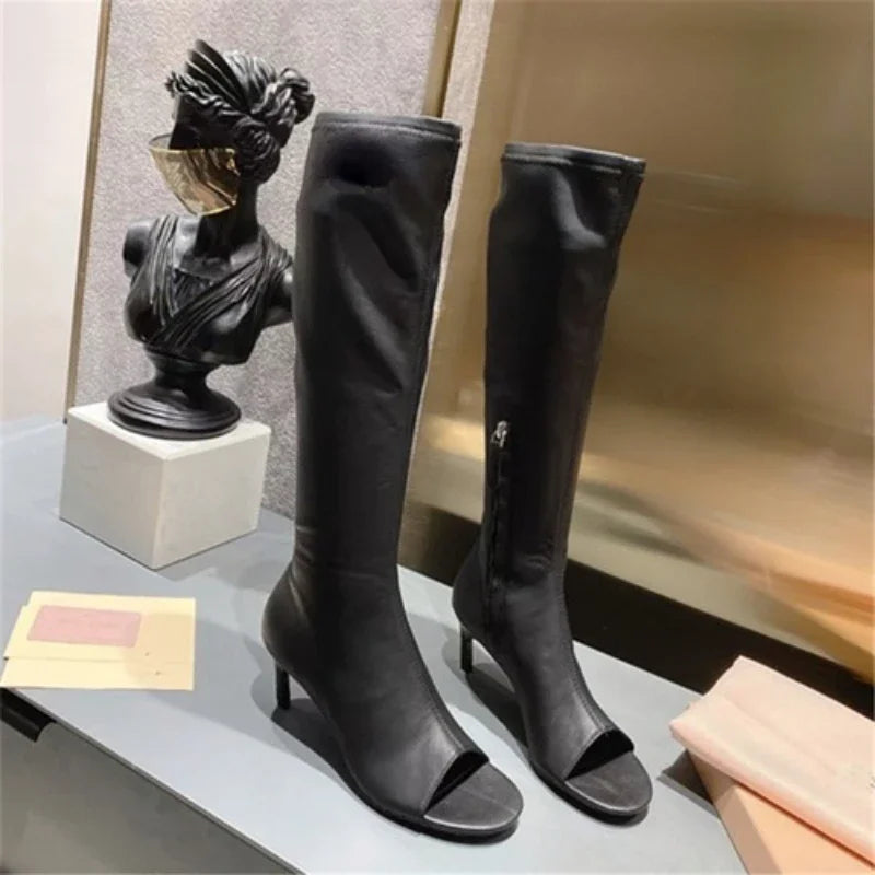 Women's Open Toe Knee-High Boot — Kitten Heel, Multi-Finish