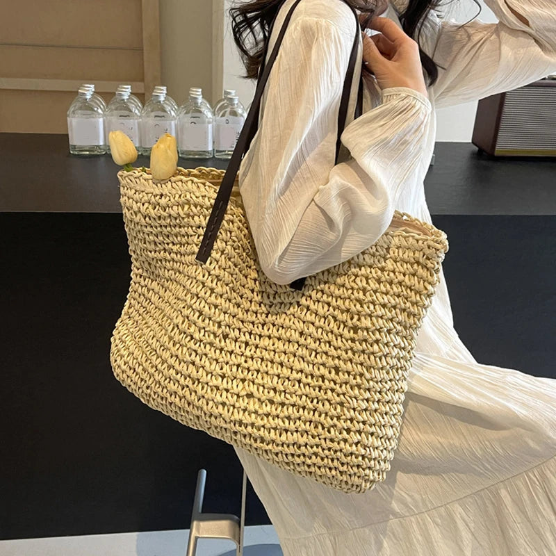 Straw Woven Casual Tote Bag for Women – Large Capacity Bohemian Beach Shoulder Handbag