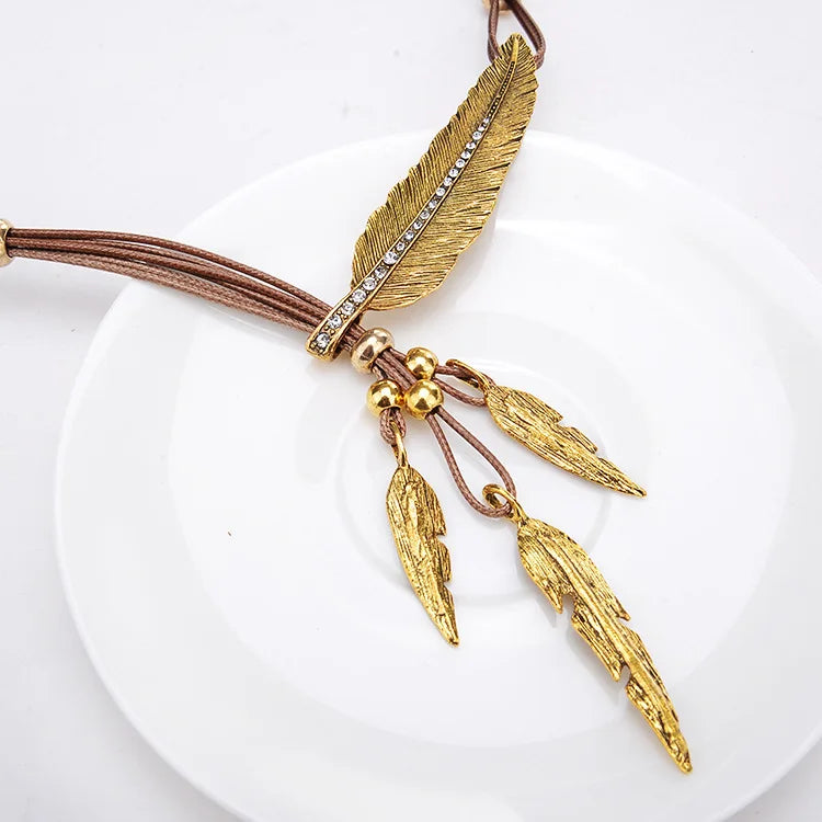 FBA Feather Rhinestone Tassel Necklace | Silver Leather Rope Jewelry