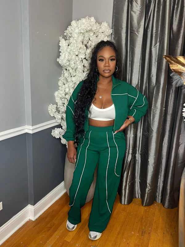 Women's 2-Piece Striped Sport Jogger Set – Stand Collar Zip Jacket & Ankle-Length Pants | FBA Vibes