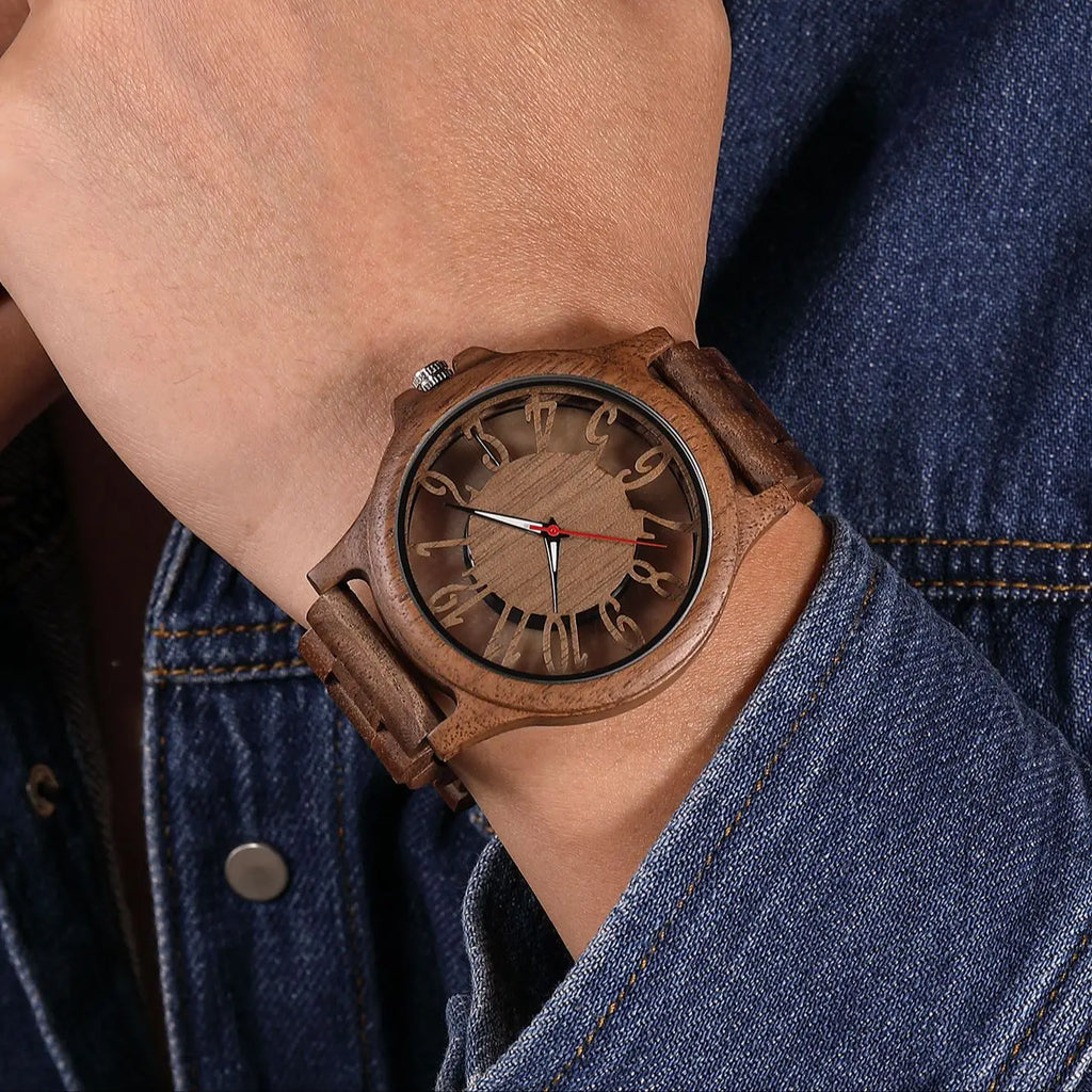 FBA Unisex Hollow Style Wood Watch | Big Dial Quartz Wooden Wristwatch