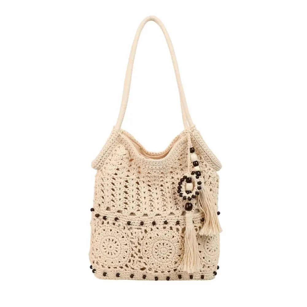 Bohemian Crochet Tote Bag with Bead Fringe Charm – Hollow-Out Knitted Ethnic Boho Weave Bag