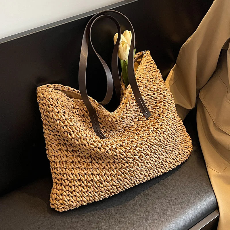 Straw Woven Casual Tote Bag for Women – Large Capacity Bohemian Beach Shoulder Handbag