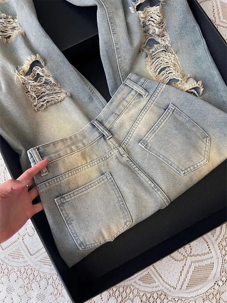 Women's American Retro Distressed Stonewash Wide-Leg Straight Jeans – Loose Drape Ankle-Length Denim | Beige | XS–XL | FBA Vibes
