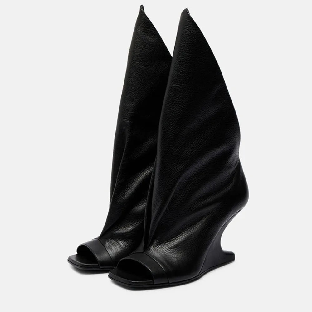 Women's Peep Toe Wedge Boot — Cross Strap, High Heel, Mid-Calf