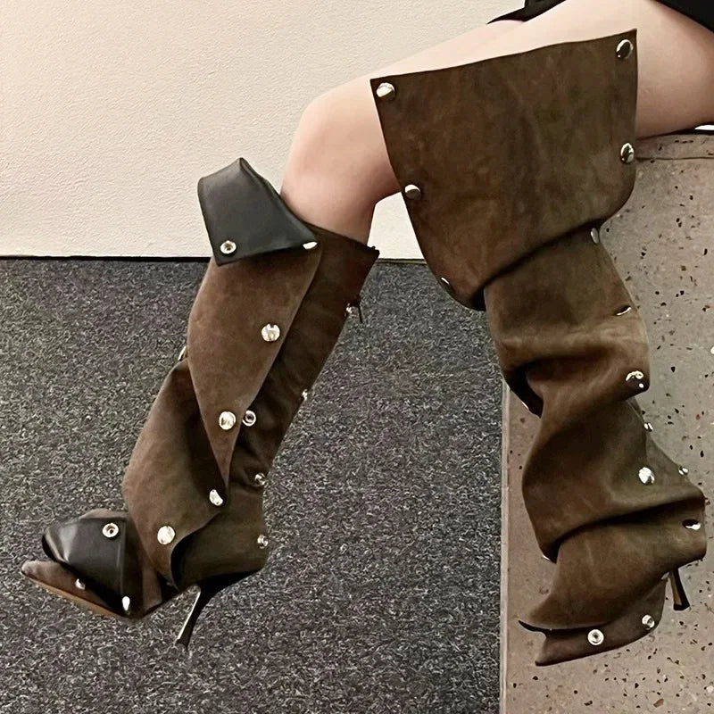 Women's Denim Knee-High Boot — Pointed Toe, Thin Heel, Metal Button