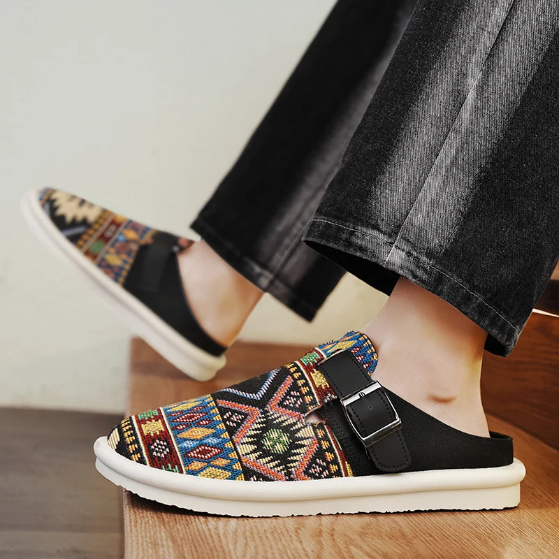 FBA Women's Ethnic Embroidered Linen Slippers | Handmade Comfort Sandals