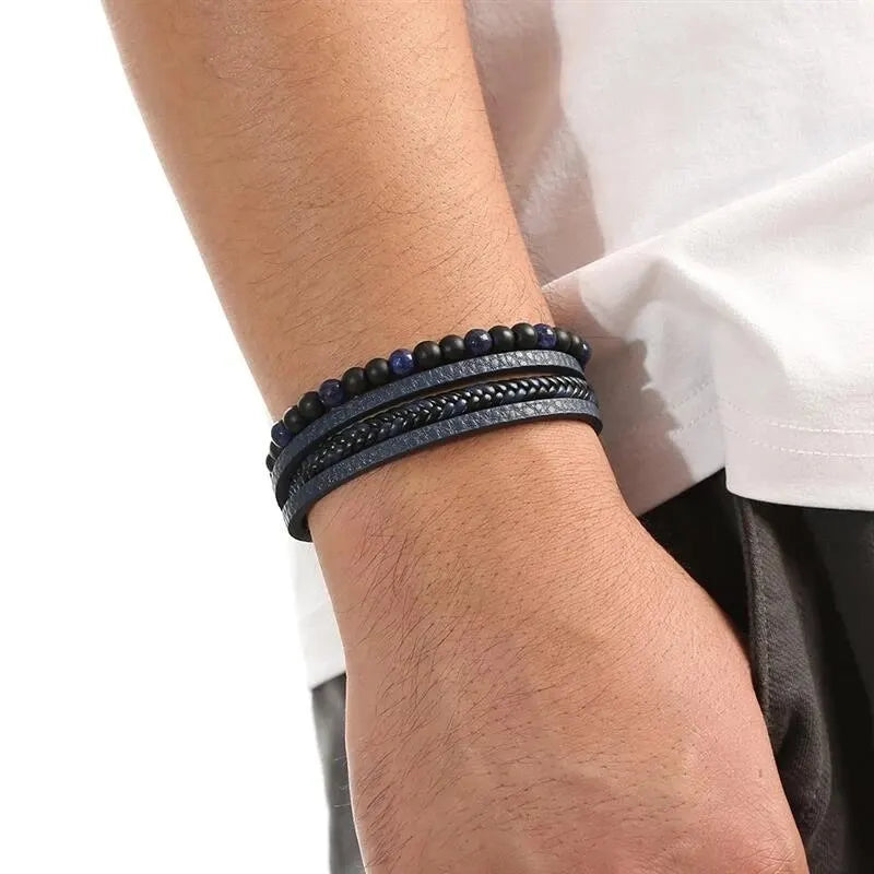 FBA Men's Tiger Eye Beaded Leather Bracelet | Multilayer Jewelry Gift