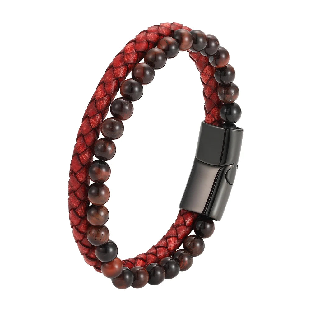 FBA Red Leather Rope Woven Bracelet for Men | Trendy Jewelry
