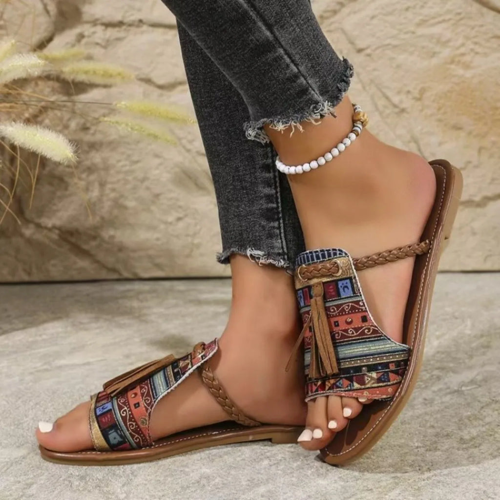 FBA Women's Ethnic Style Round Head Slides | Plus Size Beach Slippers