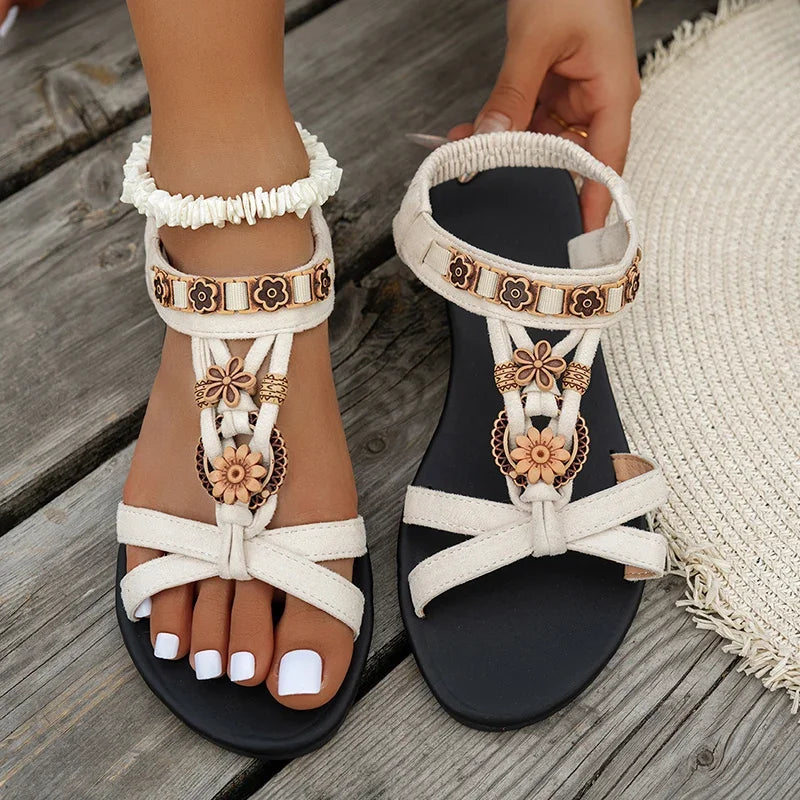 FBA Women's Flower Beaded Bohemian Flat Sandals | Roman Style Beach Shoes