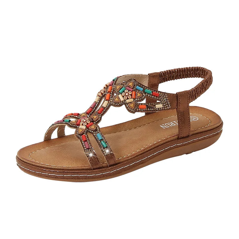 FBA Women's Rhinestone Bohemian Hollow Flat Sandals | Summer Casual Shoes