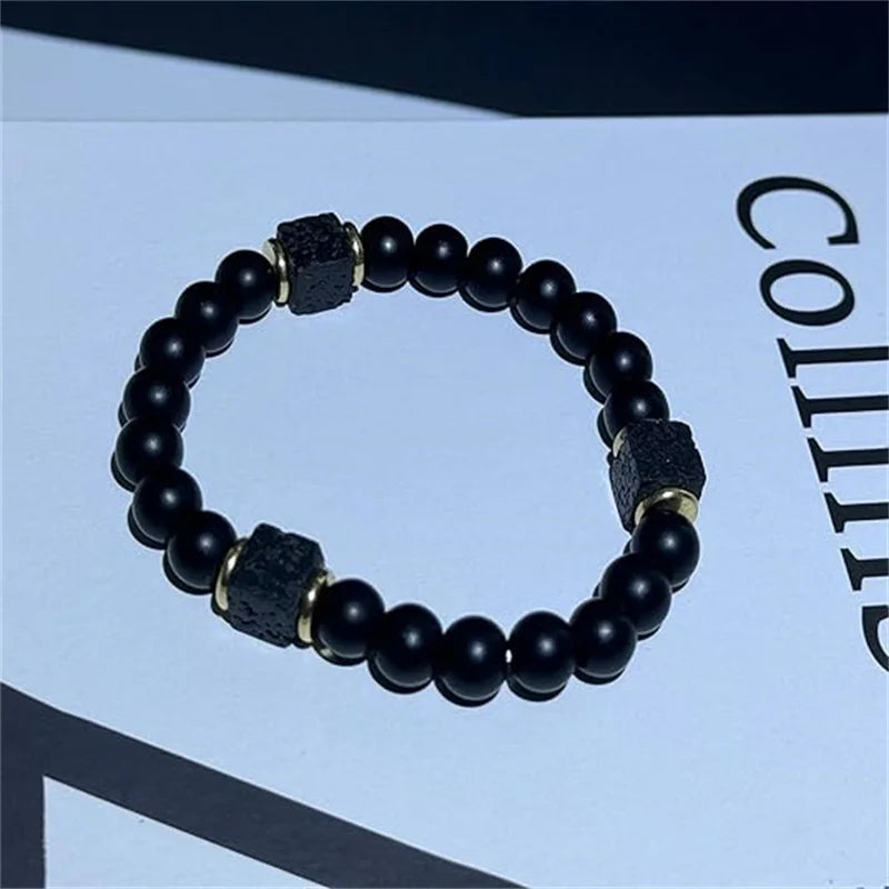 FBA Black Onyx & Lava Stone Elastic Bracelet for Men | Charm Jewelry