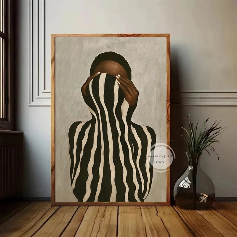 Abstract African Woman Black & White Stripes Canvas Print | Neutral Wall Art