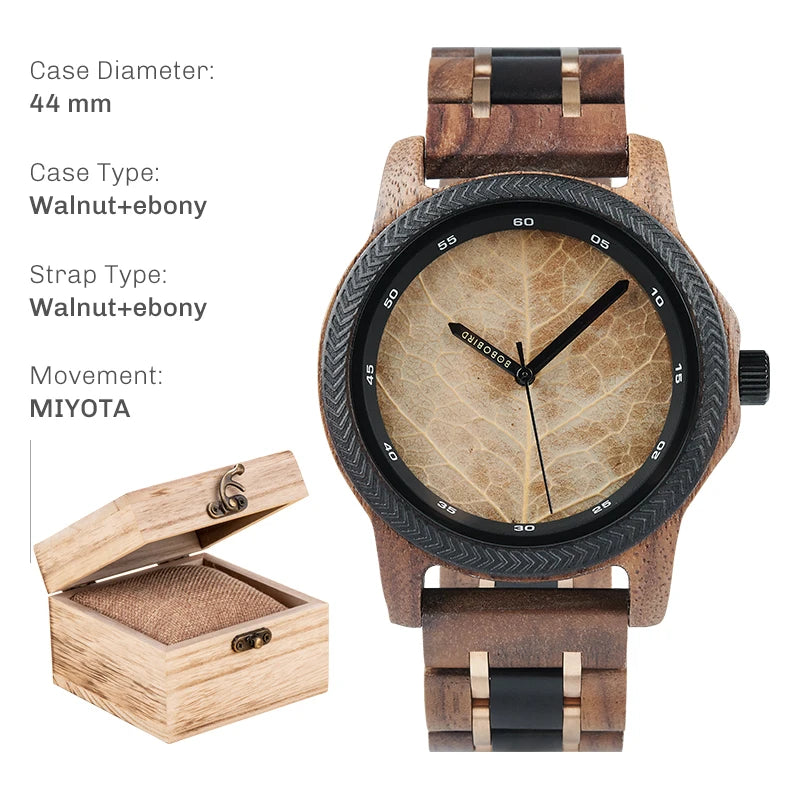 FBA Men's BOBO BIRD Genuine Leaf Wood Watch | Handmade Luxury Wooden Wristwatch