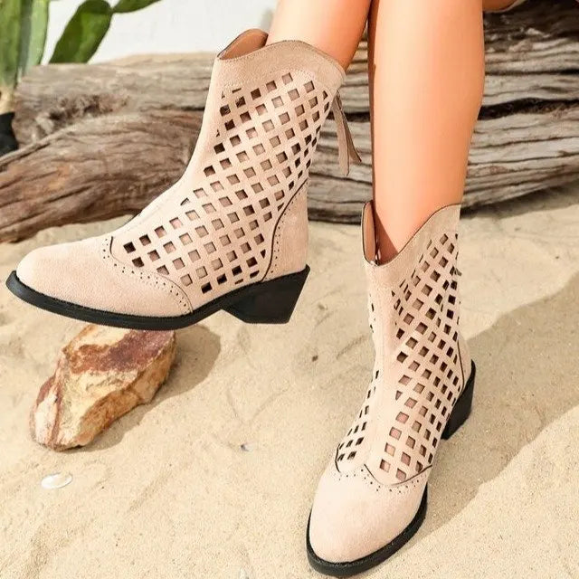 Women's Hollow-Out Western Ankle Bootie with Low Chunky Heel
