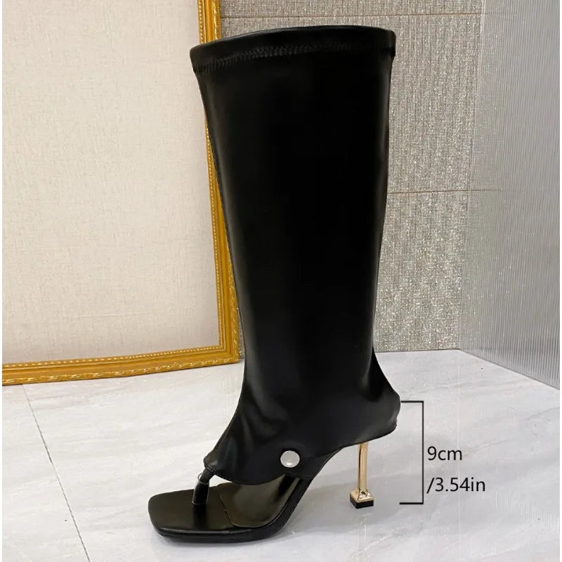 Women's Open Toe Knee-High Boot — Stiletto Heel, Slip-On