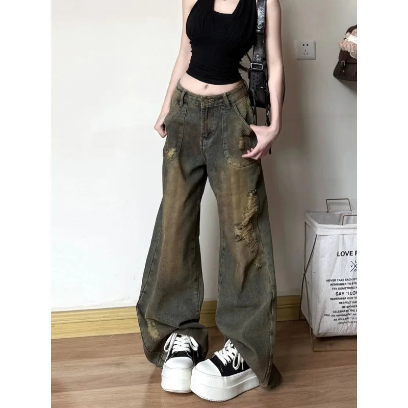 Women's American Retro High Waist Ripped Hole Wide-Leg Straight Jeans – Tie-Dye Loose Casual Denim | Retro Blue | XS–XL | FBA Vibes