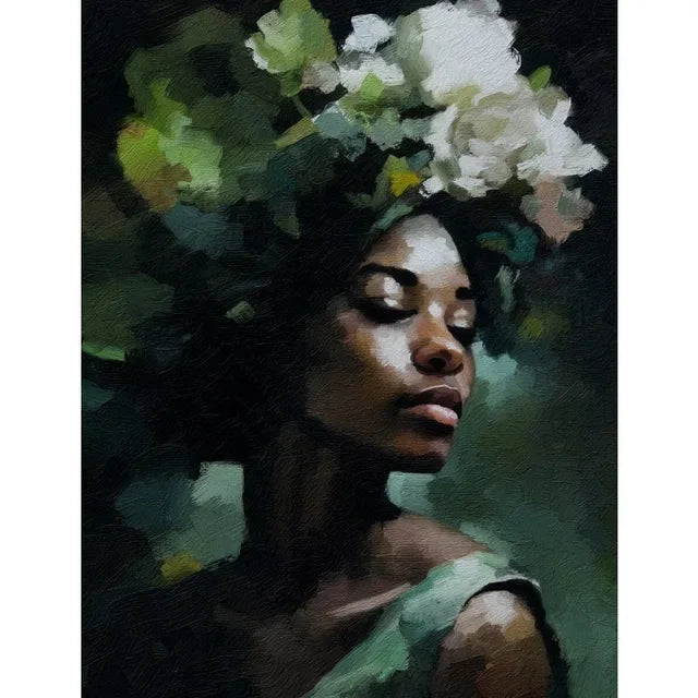 African American Woman Floral Canvas Print | Elegant Black Girl Wall Art for Living Room Home Decor