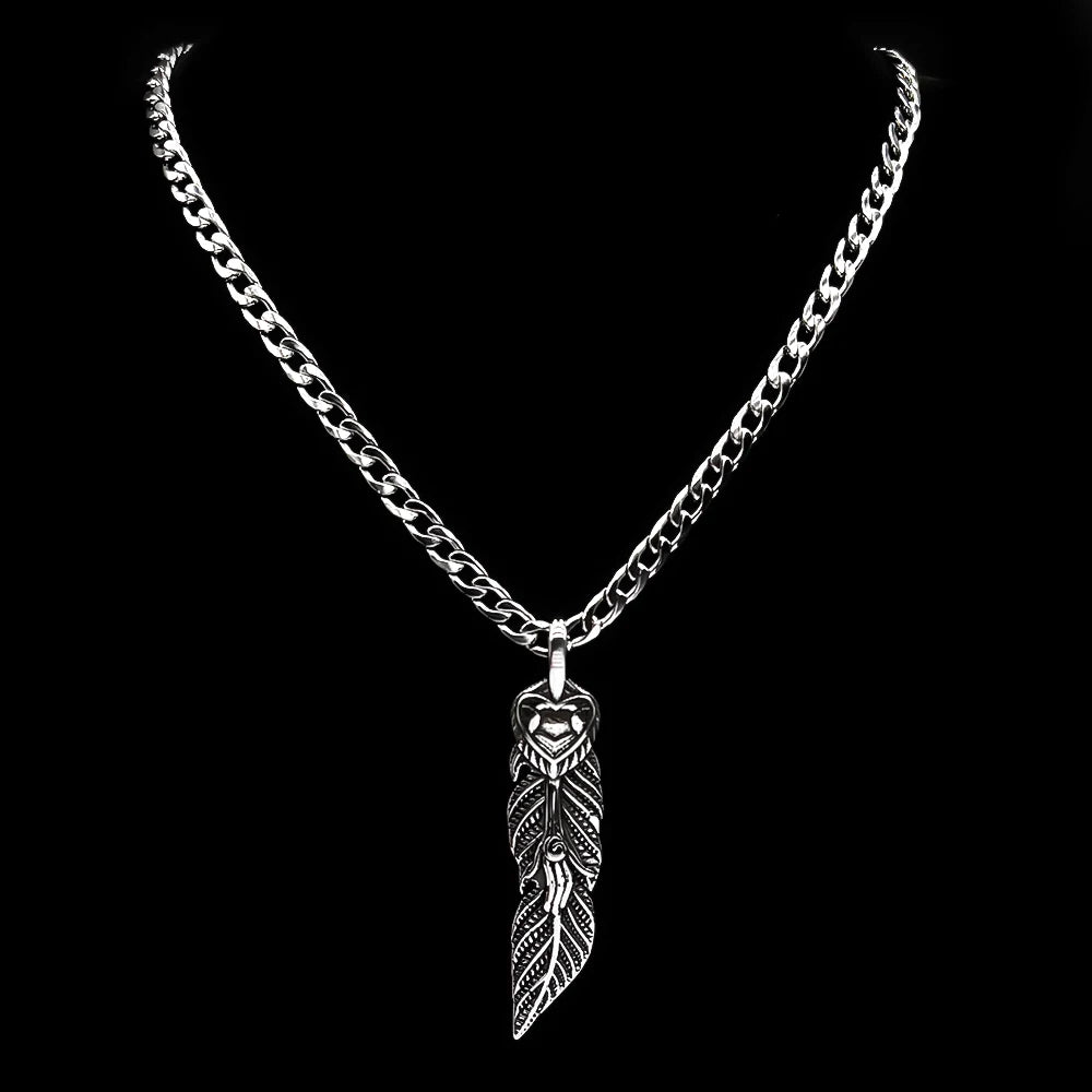 FBA Indian Feather Heart Stainless Steel Necklace | Punk Pendant Jewelry