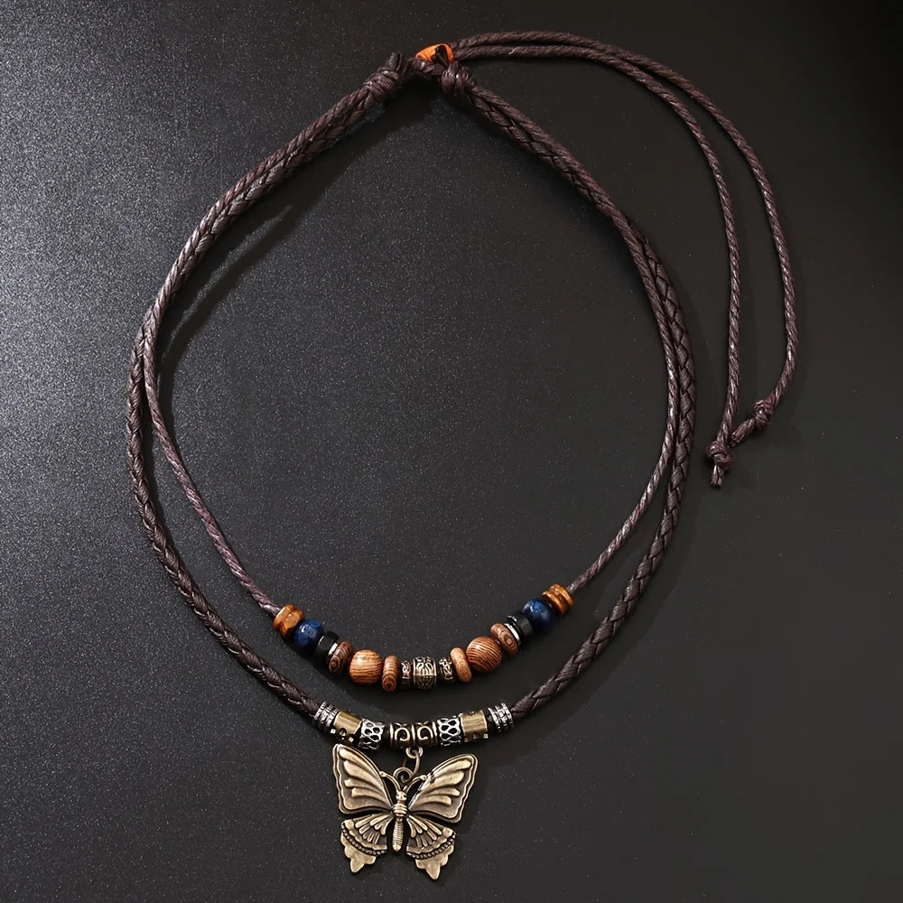 FBA Vintage Butterfly Wood Bead Necklace | Unisex Boho Jewelry