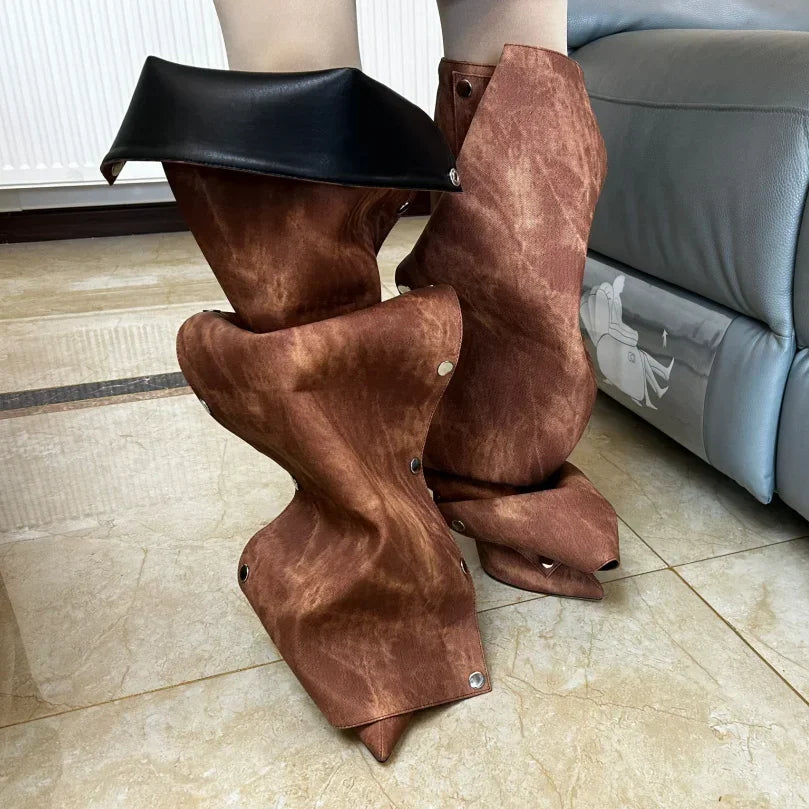 Women's Denim Knee-High Boot — Pointed Toe, Thin Heel, Metal Button