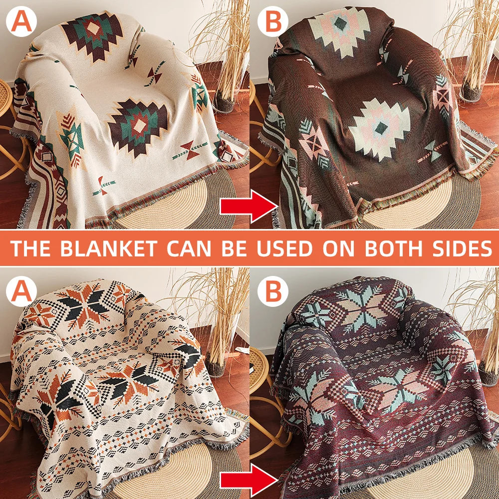Aztec Boho Fringe Throw Blanket – Jacquard Woven | FBA Vibes